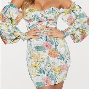Floral Bardot Balloon Sleeve Bodycon Dress